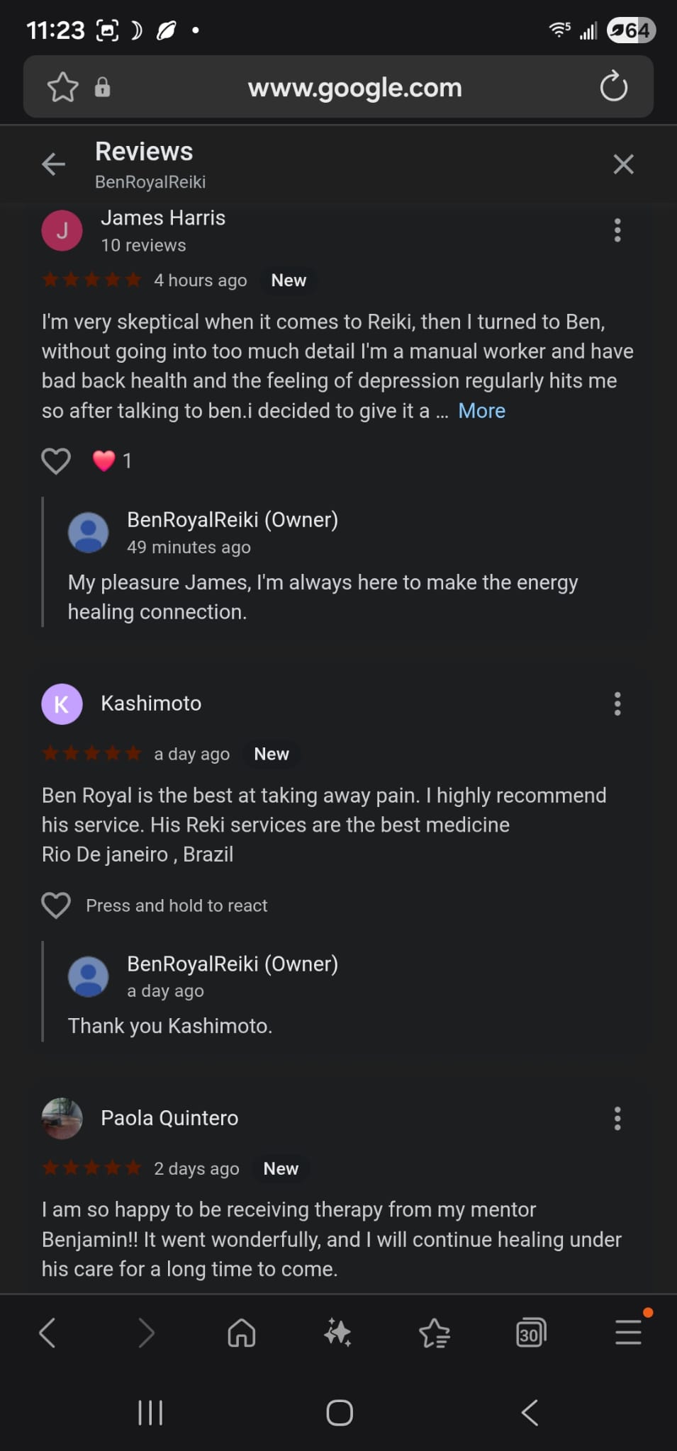 Ben Royal Reiki Google Reviews